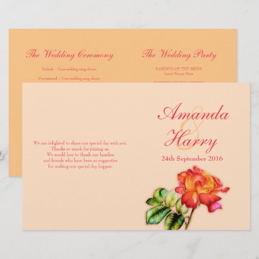 Rood oranje-geel roos trouwprogramma (Voorkant / Achterkant)