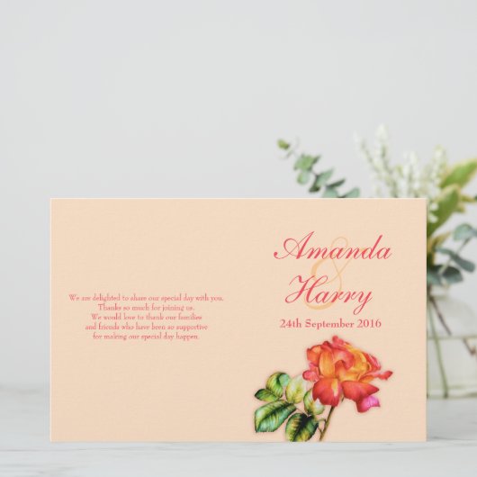 Rood oranje-geel roos trouwprogramma (Staand voorkant)