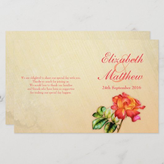 Rood oranje-geel roos trouwprogramma (Voorkant / Achterkant)