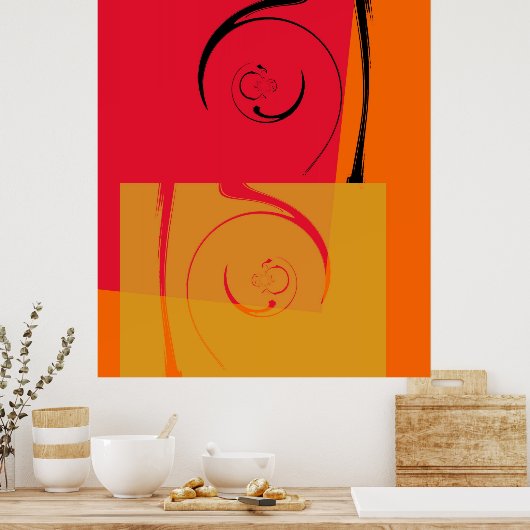 Rood Oranje Geel Zwart Retro Abstract schilderen Poster (Keuken)