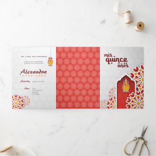 Rood Oranje gele bloem Arabisch Night Quinceañera Drieluik Uitnodiging