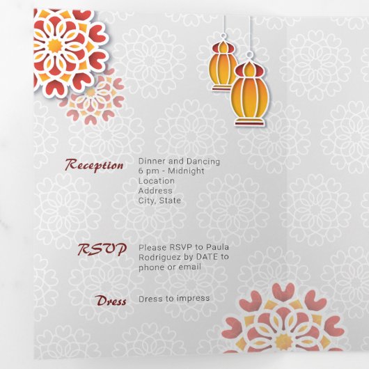 Rood Oranje gele bloem Arabisch Night Quinceañera Drieluik Uitnodiging (Binnenzijde eerst)