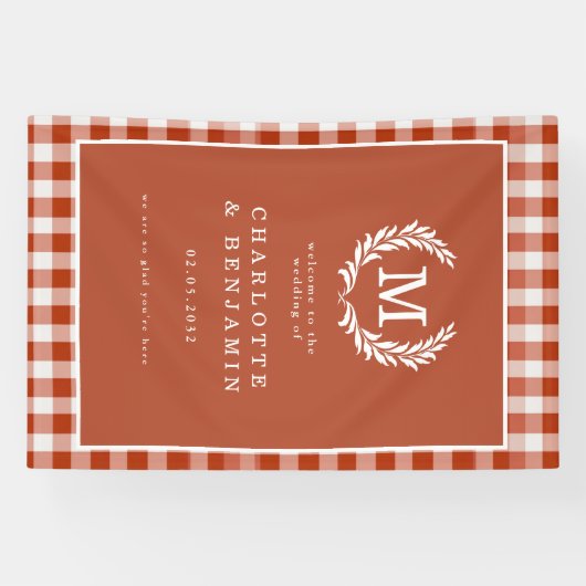 Rood-Oranje Gingham Monogram Crest Wedding Welkom Spandoek (Horizontaal)