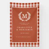 Rood-Oranje Gingham Monogram Crest Wedding Welkom Spandoek (Verticaal)