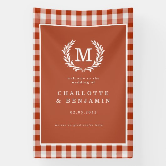 Rood-Oranje Gingham Monogram Crest Wedding Welkom Spandoek (Verticaal)