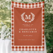 Rood-Oranje Gingham Monogram Crest Wedding Welkom Spandoek