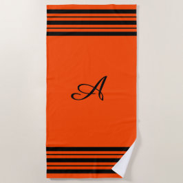 Rood Oranje met zwarte strepen Verticaal monogram Strandlaken