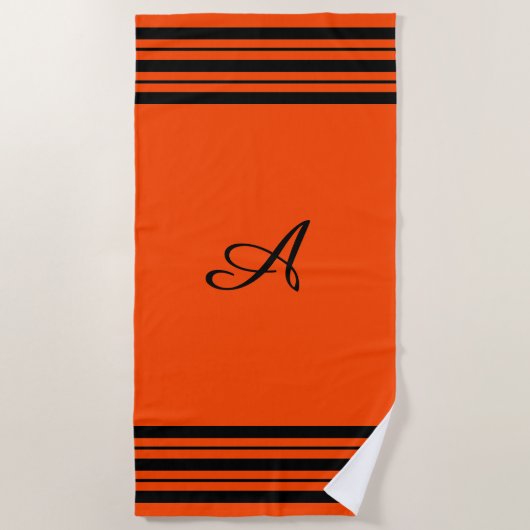 Rood Oranje met zwarte strepen Verticaal monogram Strandlaken (Voorkant)