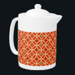 Rood Oranje midden moderne geometrische patronen Theepot<br><div class="desc">Moderne, geïnspireerde rode-oranje theepot uit de midden-eeuw met een kleurrijk cirkelvormig patroon met gele, rode en groene accenten. Trendy, modern design. Gele cirkels overlappen elkaar om een harlequin-diamantpatroon te vormen dat wordt toegeschreven aan de gijzelaar en groene stippen. Creëer uw eigen douanepatroon door een nieuw afbeelding te uploaden, of gebruik...</div>