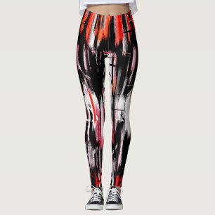 Rood Oranje zwart wit Abstract schilderen Leggings