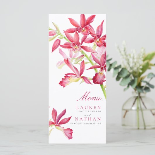 Rood orchidee bloemen waterverf trouwmenu menu (Staand voorkant)