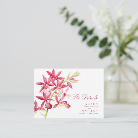 Rood orchidee bruiloft — handige details bijsluitk informatiekaartje (Staand voorkant)