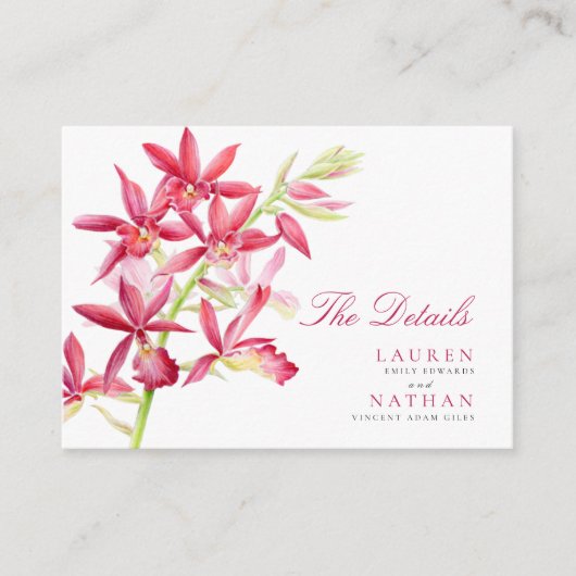 Rood orchidee bruiloft — handige details bijsluitk informatiekaartje (Voorkant)