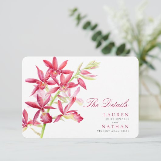 Rood orchidee bruiloft — handige details bijsluitk informatiekaartje (Staand voorkant)