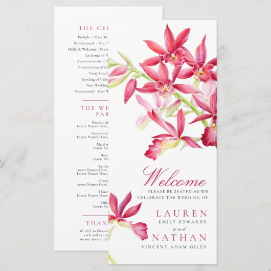 Rood orchidee waterverf botanische bloemen bruilof programmakaart (Voorkant / Achterkant)
