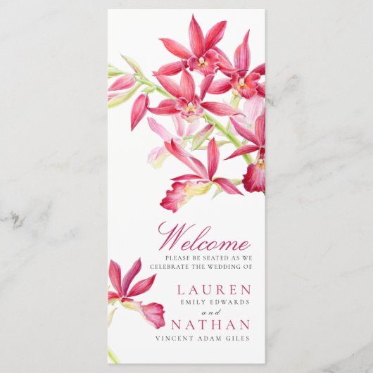 Rood orchidee waterverf botanische bloemen bruilof programmakaart (Voorkant)