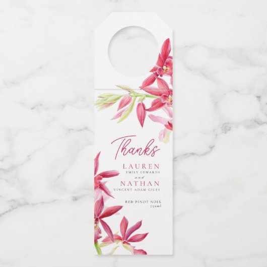 Rood orchidee waterverf botanische bruiloft bedank flessenhanger (Voorkant)