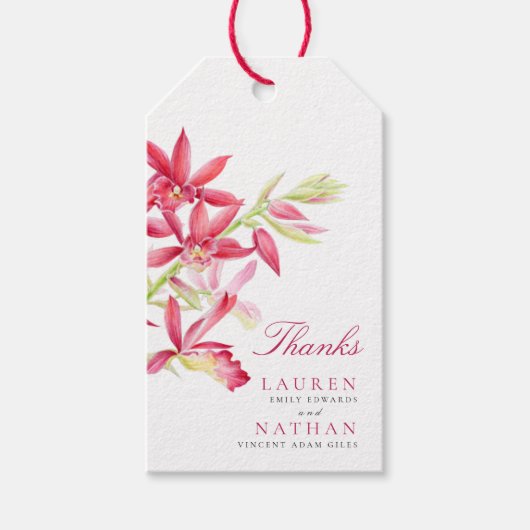 Rood orchidee waterverf botanische bruiloft cadeaulabel (Voorkant)