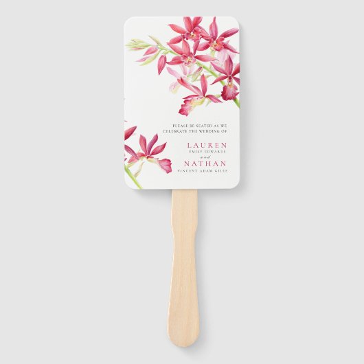 Rood orchidee waterverf botanische bruiloft handwaaier (Voorkant)