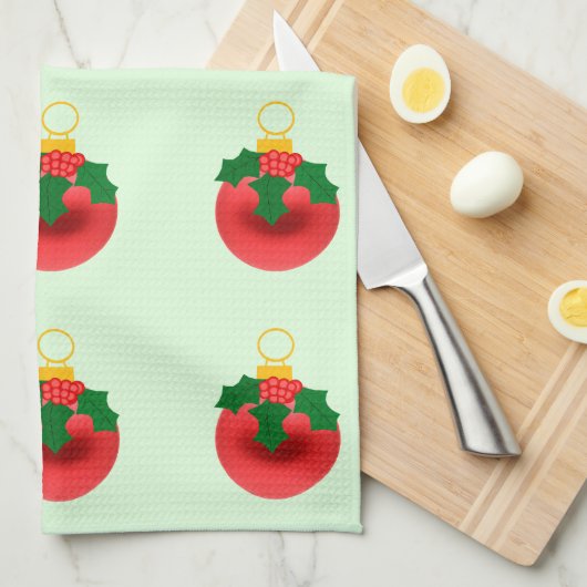 Rood Ornament met Holly keukenhanddoeken (Quarter Fold)