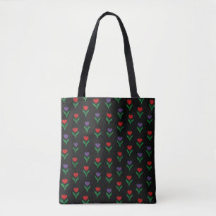 Rood, Paars, Groen Bloemmotief Zwart  Tote Bag