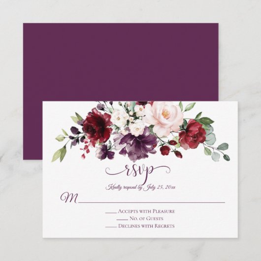 Rood Paarse Wit Groen Bloemenkalligrafie RSVP (Voorkant / Achterkant)