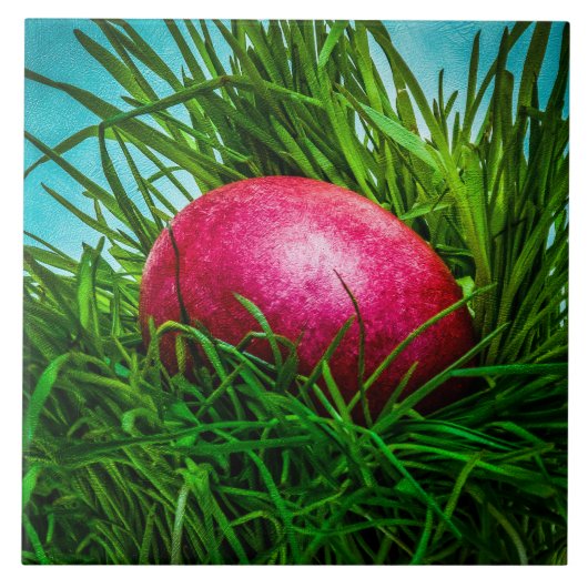 Rood paasei in gras tegeltje (Voorkant)