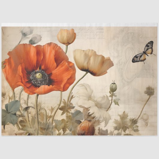  rood papaver & vlinder botanische decoupage tissuepapier (Voorkant)