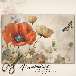 rood papaver & vlinder botanische decoupage tissuepapier