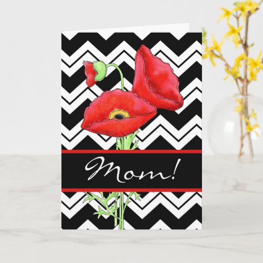 Rood papaver zwart en wit Zizzag moederdag Kaart (Gele Bloem)