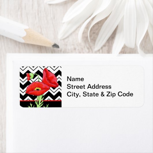 Rood papaver zwart-wit Zizzag Chevron Label (Insitu)