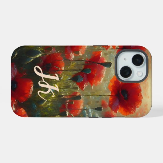 rood papaverveld op een zomerse dag monogram iPhone 15 case (Achterkant horizontaal)