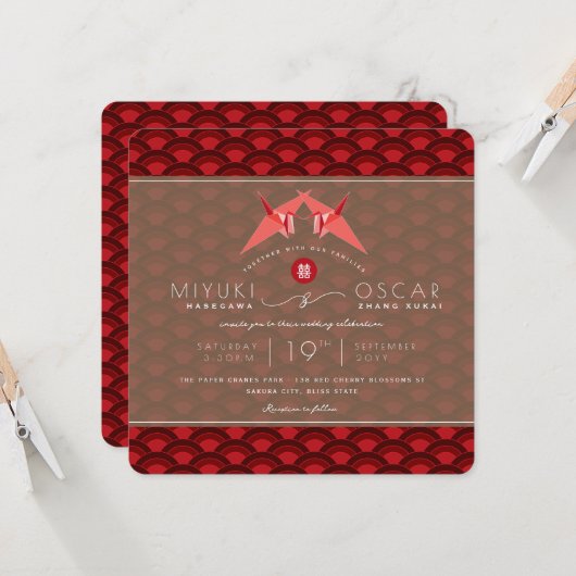 Rood papier met rode schildpadpatroon Aziatische b Kaart (Voorkant / Achterkant in situ)