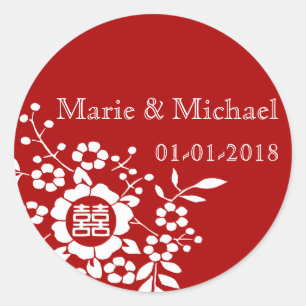 Rood ・ Papieren snijbloemen ・ Dubbel geluk Ronde Sticker