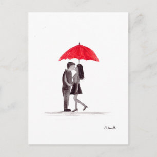 Rood paraplu paar verliefd aquarel briefkaart
