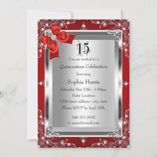 Rood pareltje en zijderoute Glamor Quinceanera Kaart (Achterkant)