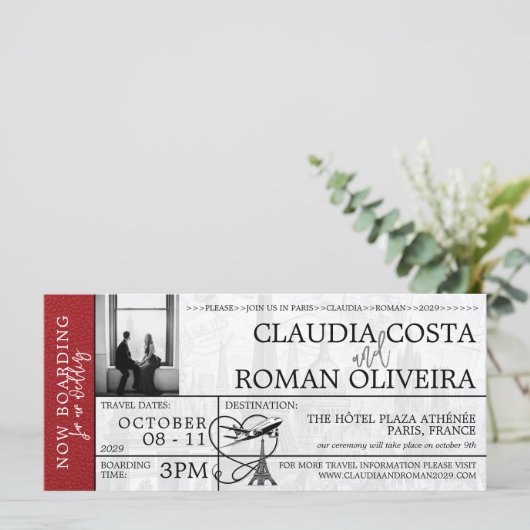rood parijs bruiloft boarding pass uitnodiging (Staand voorkant)