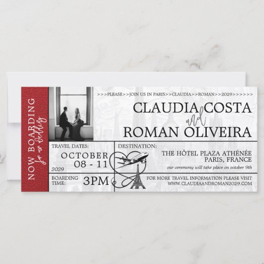 rood parijs bruiloft boarding pass uitnodiging (Voorkant)