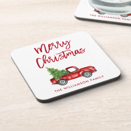 Rood penseelscript  kerstboom bier onderzetter (Linkerzijde)