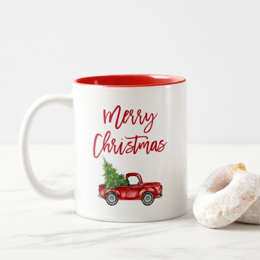 Rood penseelscript  kerstboom tweekleurige koffiemok (Met donut)