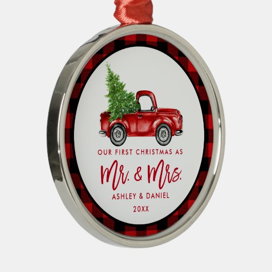 Rood penseelscript voor eerste kerstmis metalen ornament (Rechts)