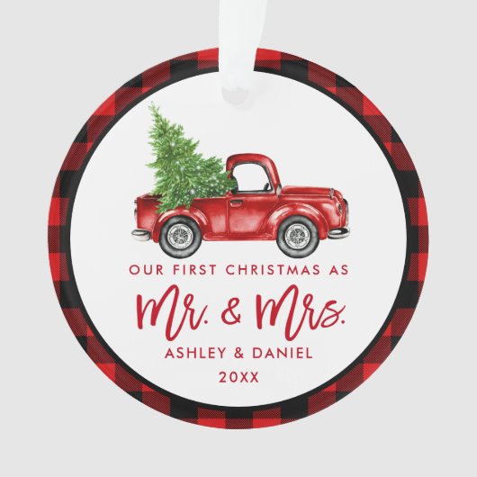 Rood penseelscript voor eerste kerstmis ornament (voorkant)