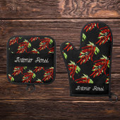Rood Peper Patroon - naam Oven Mitt & Pot Hole Ovenwant & Pannenlap Set