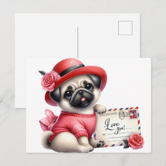 Rood Pet Pug Briefkaart (Voorkant / Achterkant)