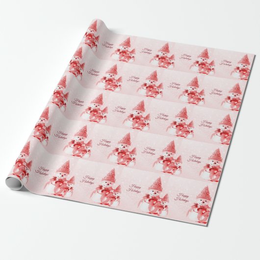 Rood Pet Sneeuwman Wrapping Papier (Uitgerold)