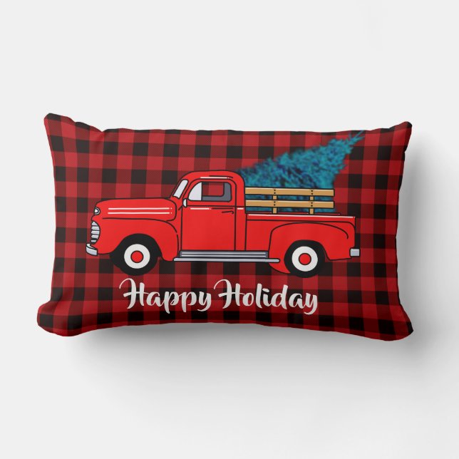  Rood pick-up truck buffalo geruite vakantie Kussen (Voorkant)