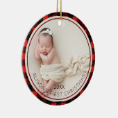 Rood Plaid Baby Foto Baby's 1e Kerstmis Keramisch Ornament (Rechts)