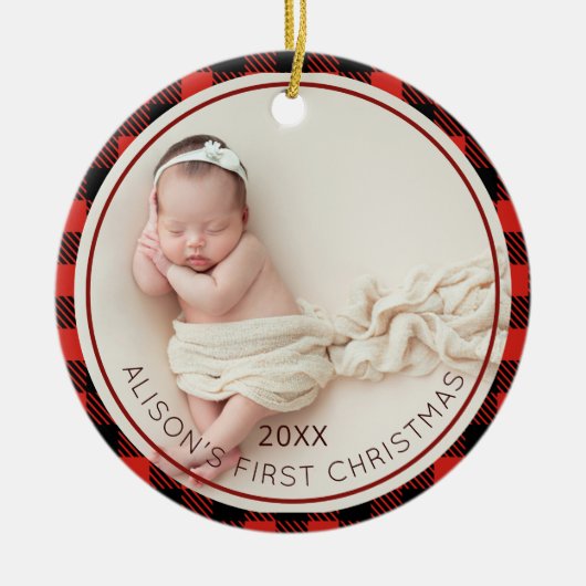 Rood Plaid Baby Foto Baby's 1e Kerstmis Keramisch Ornament (Voorkant)