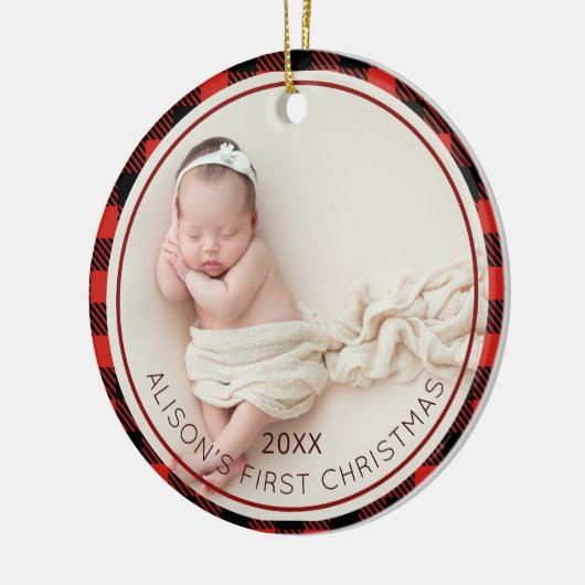 Rood Plaid Baby Foto Baby's 1e Kerstmis Keramisch Ornament (Links)