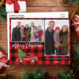 Rood Plaid Borstel Script Truck 2 Foto Kerstmis Briefkaart
